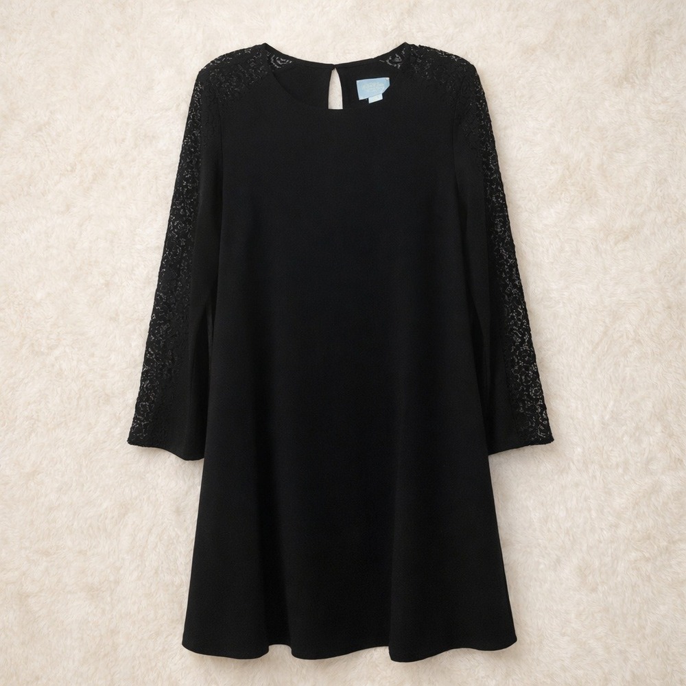 CeCe Women Lace Sleeve A Line Dress 12 Black Cocktail Work Classic LBD Elegant - Picture 3 of 8